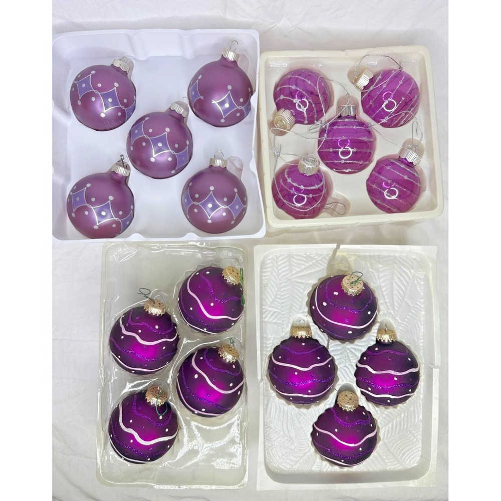 Purple Glass Ball Christmas Ornaments Lot of 18 Glitter Silver Gold